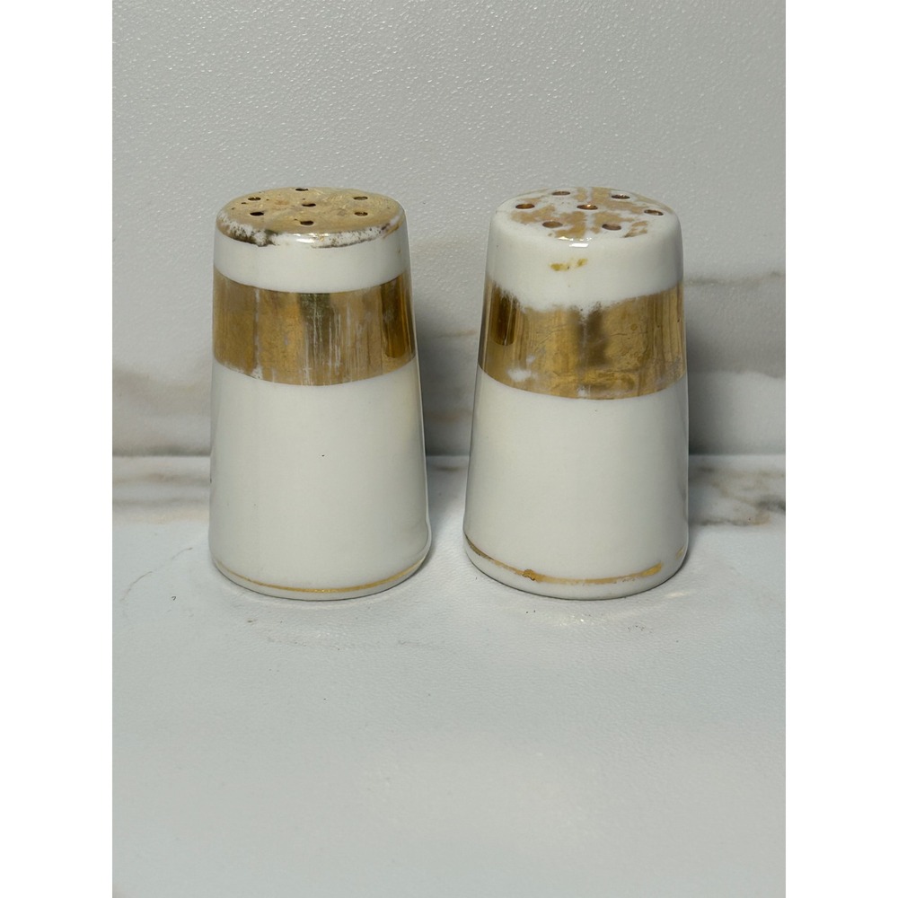 Vintage Japan Porcelain Salt and Pepper Shakers White Gold Band Tapered Set